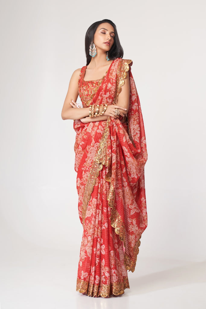 Red Organza Saree with Sequin Embroidery and Digital Print By WTW