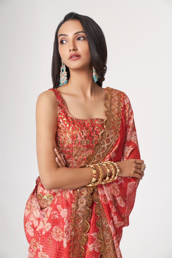 Red Organza Saree with Sequin Embroidery and Digital Print By WTW