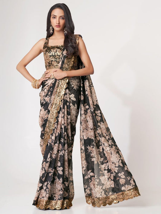 Captivating Black Floral Printed Organza Events Wear Saree By WTW