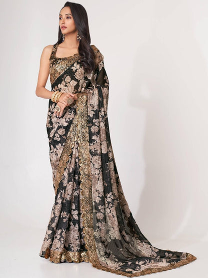 Captivating Black Floral Printed Organza Events Wear Saree By WTW