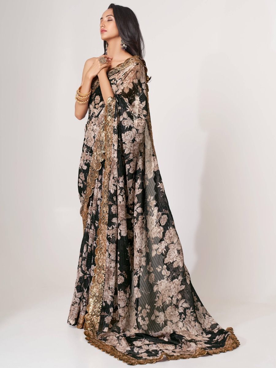 Captivating Black Floral Printed Organza Events Wear Saree By WTW