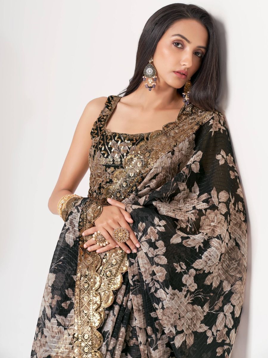 Captivating Black Floral Printed Organza Events Wear Saree By WTW