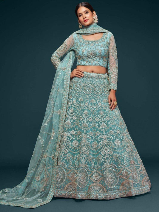 Beautiful Sea Blue Embroidered Soft Net Lehenga Choli With Dupatta By WTW