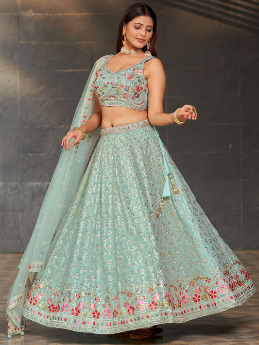 Awesome Sky-Blue Sequins Georgette Engagement Wear Lehenga Choli By WTW