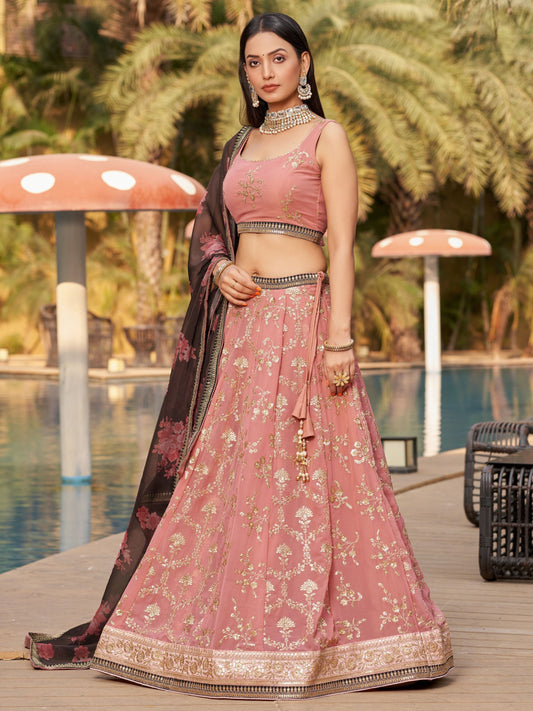 Wonderful Pink Thread Work Georgette Function Wear Lehenga Choli By WTW
