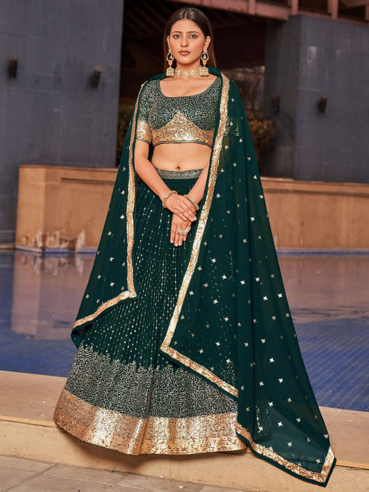 Stunning Green Sequins Georgette Reception Wear Lehenga Choli By WTW