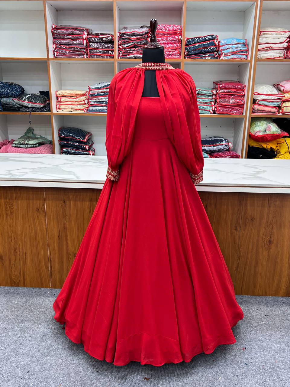 Red-Flared Bandhani Digital Printed Georgette Anarkali Gown | Exotic India  Art