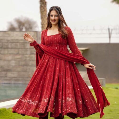 Red Silk Anarkali – Label Madhuri Thakkar