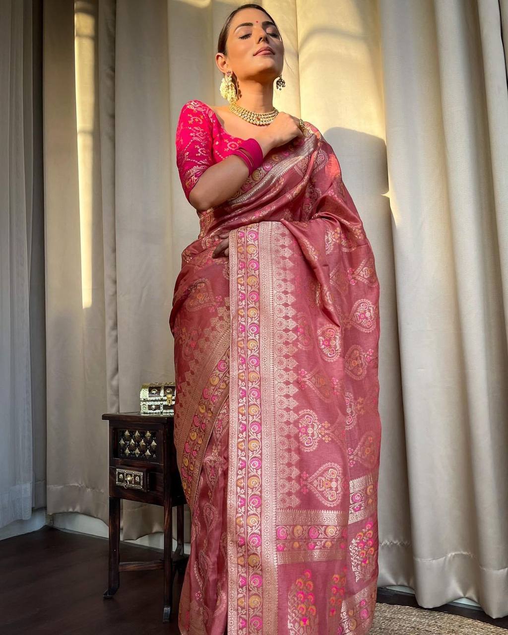 Buy Pink Silk Saree with Zari Zig Zag Detail And Unstitched Blouse Piece  KALKI Fashion India